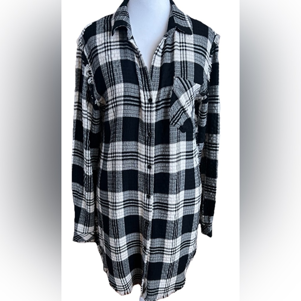 CLOTH & STONE Anthropologie Black & White Plaid Long Sleeve Mini Shirt Dress XS
